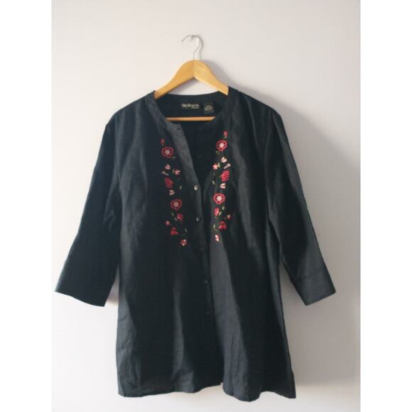 Style & Co Woman's Linen Tunic Top 16W Black Embroidery Dark Cottage Lagenlook - Picture 8 of 12